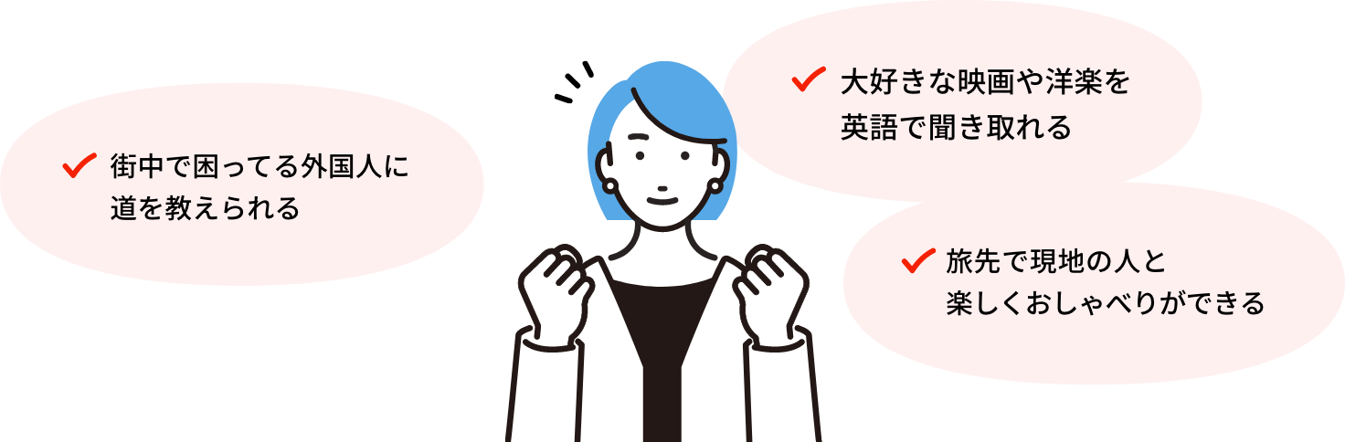 大好きな映画や洋楽を英語で聞き取れる。街中で困ってる外国人に道を教えられる。旅先で現地の人と楽しくおしゃべりができる。
