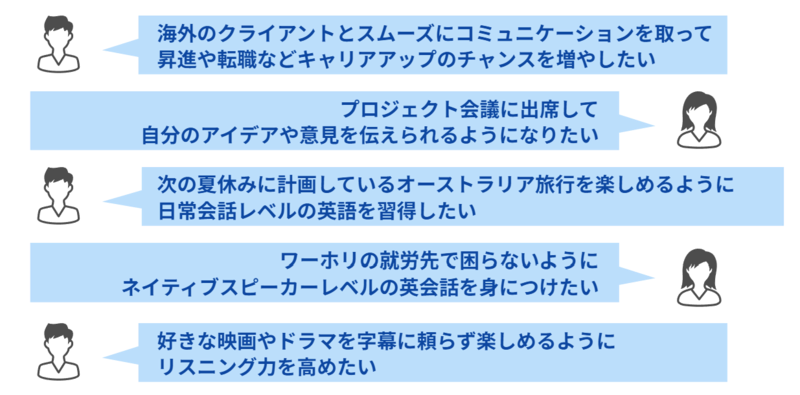 海外のクライアントとスムーズにコミュニケーションを取って昇進や転職などキャリアアップのチャンスを増やしたい プロジェクト会議に出席して自分のアイデアや意見を伝えられるようになりたい 次の夏休みに計画しているオーストラリア旅行を楽しめるように日常会話レベルの英語を習得したい ワーホリの就労先で困らないようにネイティブスピーカーレベルの英会話を身につけたい 好きな映画やドラマを字幕に頼らず楽しめるようにリスニングカを高めたい