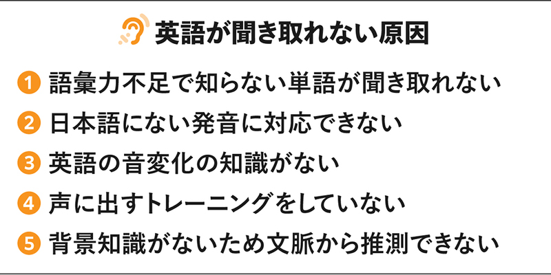 英語が聞き取れない原因 1 語彙力不足で知らない単語が聞き取れない 2 日本語にない発音に対応できない 3 英語の音変化の知識がない 4 声に出すトレーニングをしていない 5 背景知識がないため文脈から推測できない