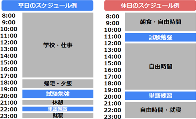 平日のスケジュール例 8:00～18:00 学校・仕事 18:00～19:00 帰宅・夕飯 19:00～21:00 試験勉強 21:00～22:00 休憩 22:00～23:00 単語練習 23:00 就寝 休日のスケジュール例 8:00～10:00 朝食・自由時間 10:00～12:00 試験勉強 12:00～19:00 自由時間 19:00～21:00 単語練習 21:00～23:00 自由時間・就寝