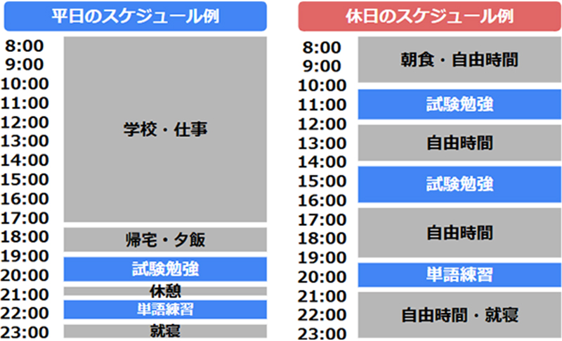 平日のスケジュール例 8:00～18:00 学校・仕事 18:00～19:00 帰宅・夕飯 19:00～20:00 試験勉強 20:00～21:00 休憩 21:00～23:00 単語練習 23:00 就寝 休日のスケジュール例 8:00～10:00 朝食・自由時間 10:00～12:00 試験勉強 12:00～14:00 自由時間 14:00～16:00 試験勉強 16:00～19:00 自由時間 19:00～21:00 単語練習 21:00～23:00 自由時間・就寝