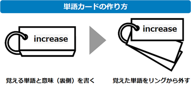 単語カードの作り方 覚える単語と意味（裏側）を書く → 覚えた単語をリングから外す