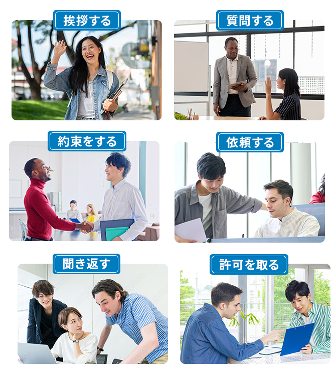 挨拶する 質問する 約束する 依頼する 聞き返す 許可を取る