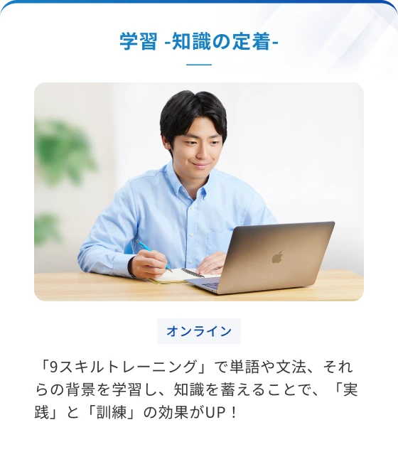 学習　ー知識の定着ー　「9スキルトレーニング」で単語や文法、それらの背景を学習し、知識を蓄えることで、「実践」と「訓練」の効果がUP！